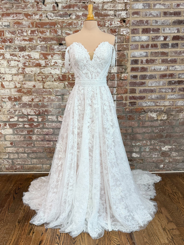 34391-Boho Off the Shoulder A-Line Wedding Dress