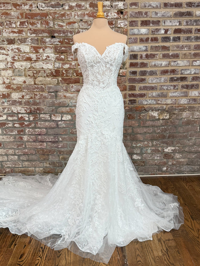 34439-Fit and Flare Off the Shoulder Wedding Dress