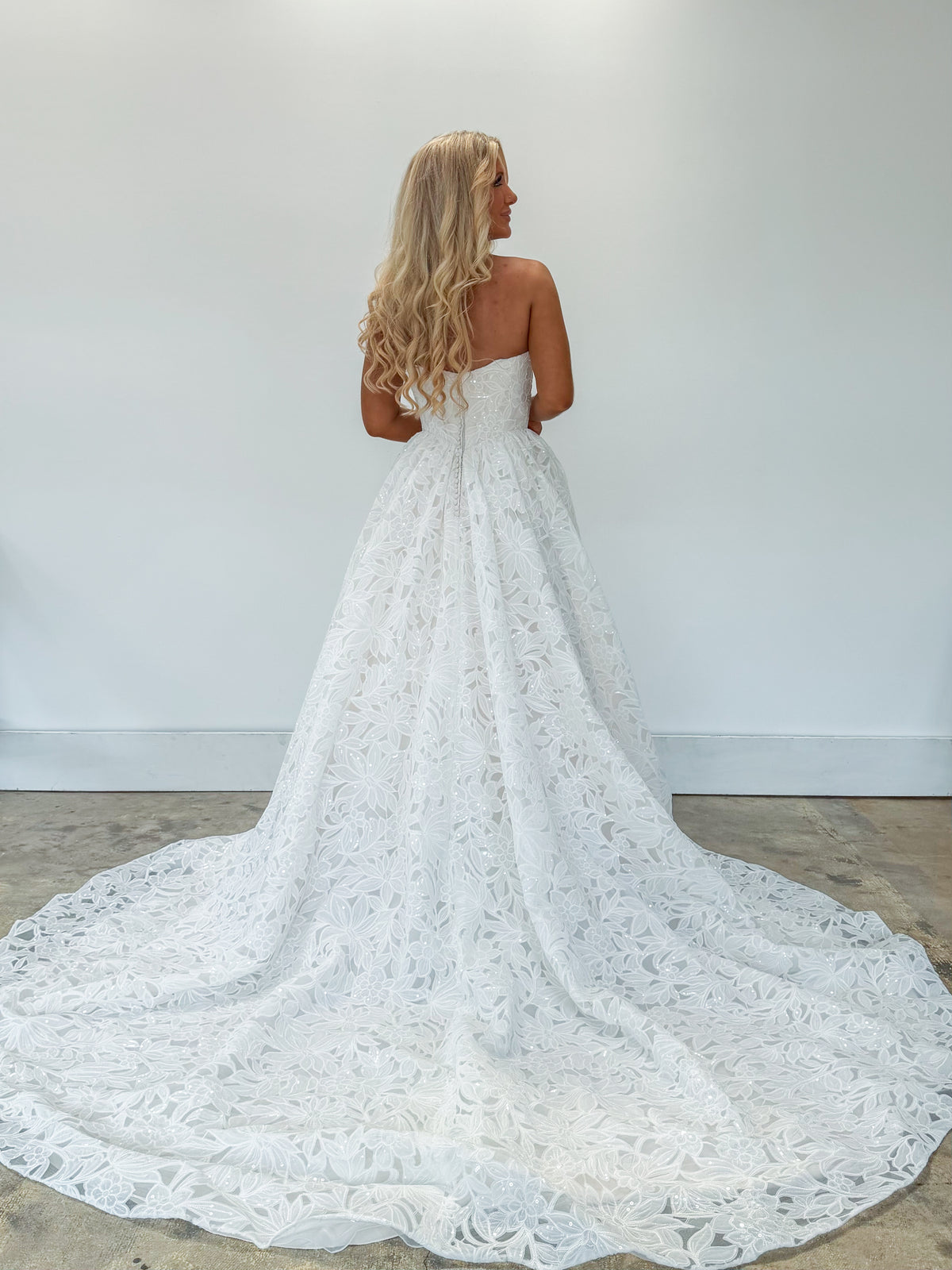 34934-Laser Cut Lace Basque Waist Ballgown