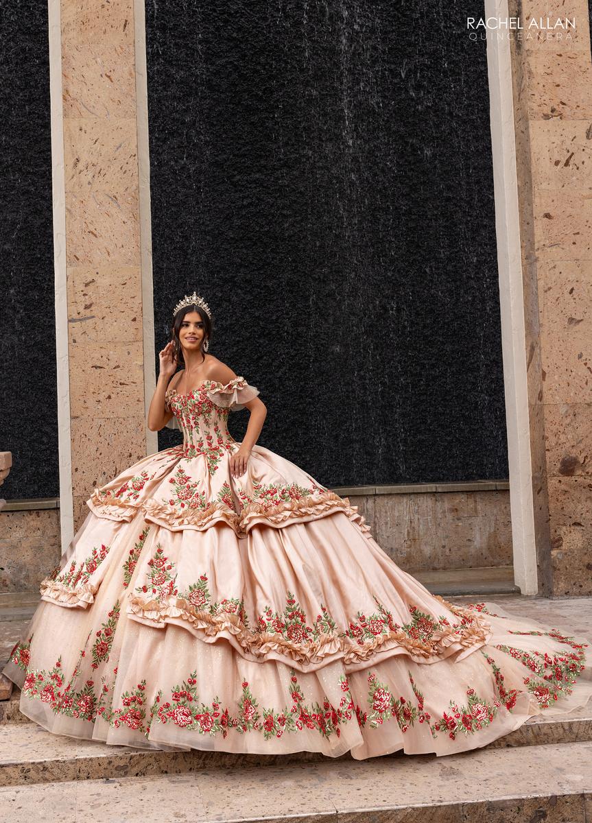 Rachel Allan RQ5015 Off-Shoulder Ballgown with Floral Embroidery