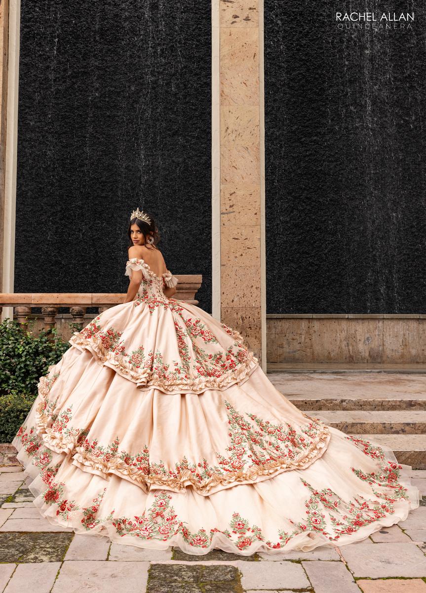 Rachel Allan RQ5015 Off-Shoulder Ballgown with Floral Embroidery
