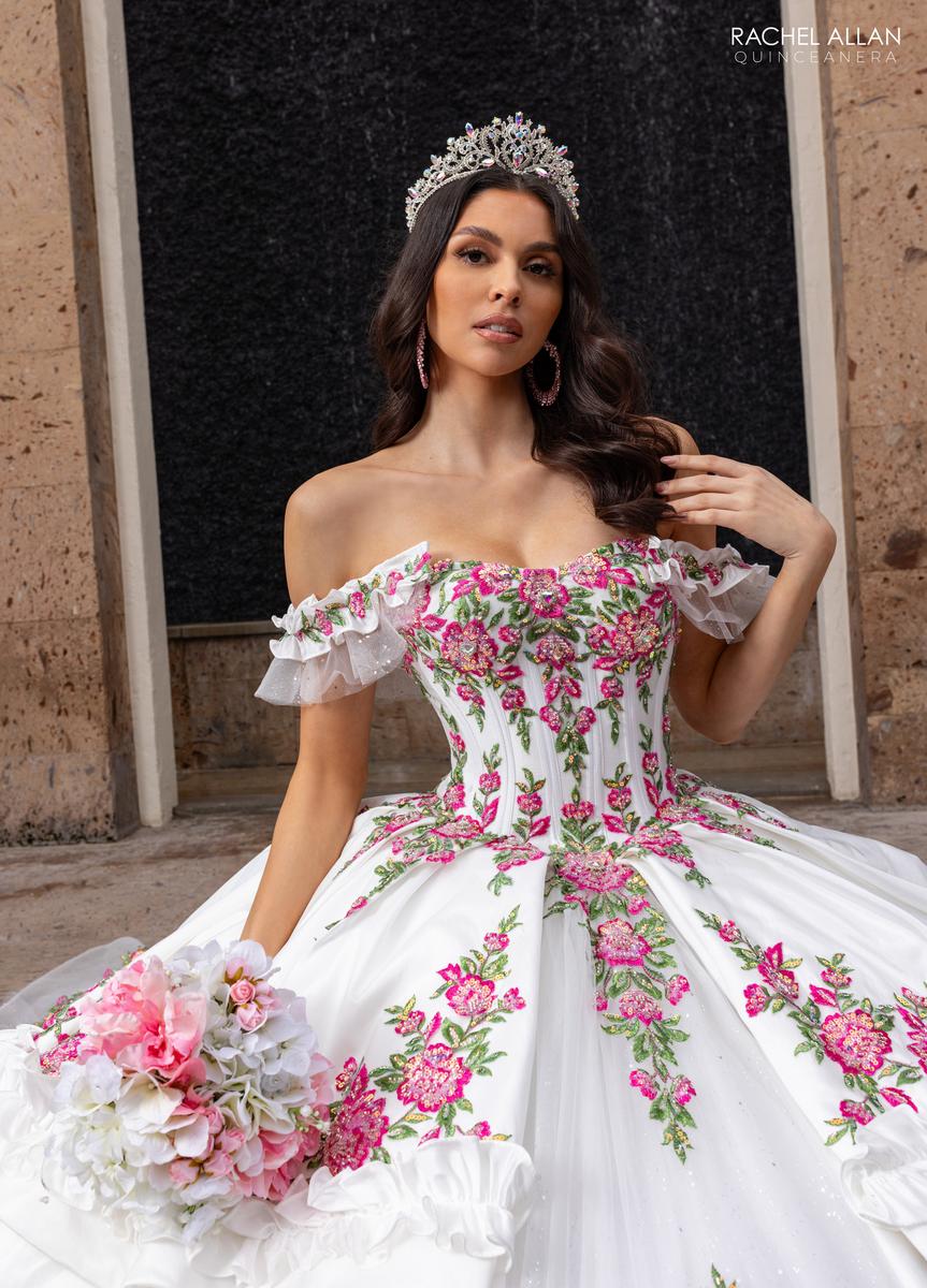 Rachel Allan RQ5015 Off-Shoulder Ballgown with Floral Embroidery