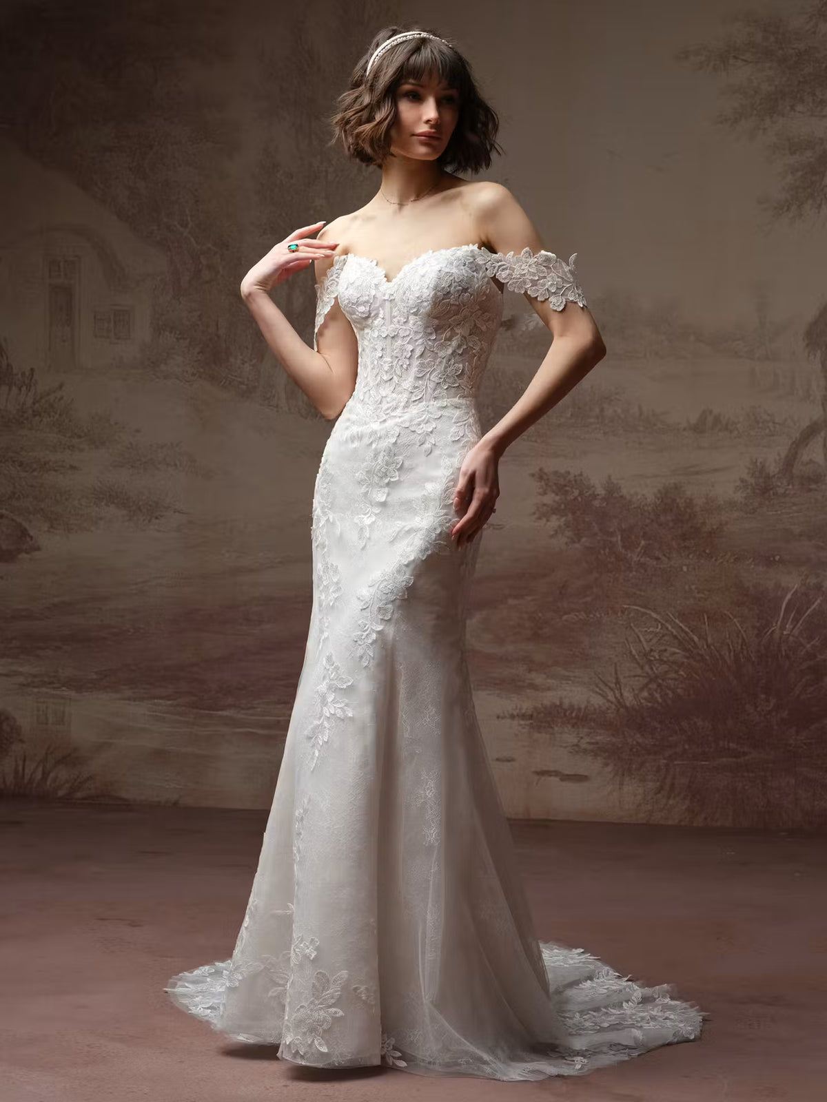 34835-Glimmering sequin lace basque waist wedding dress