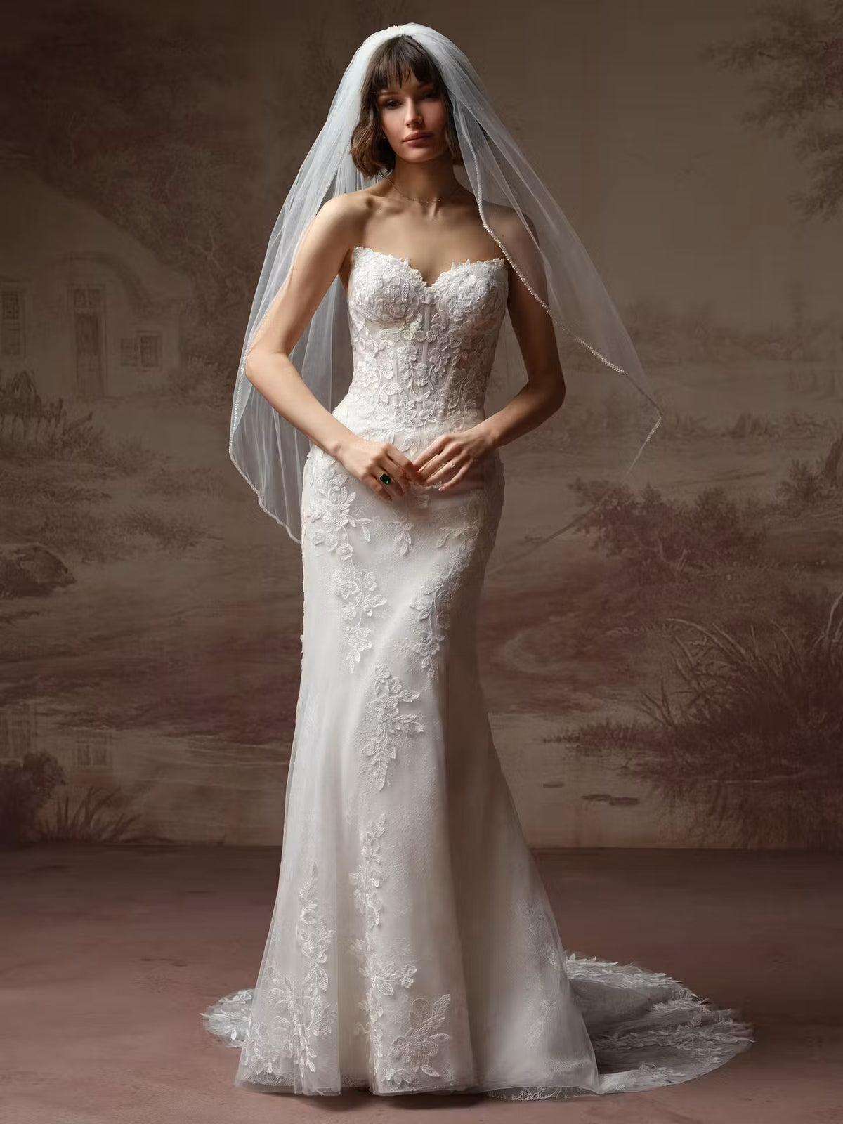 34835-Glimmering sequin lace basque waist wedding dress