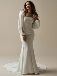 34831-Modest simple square neckline sheath bridal gown