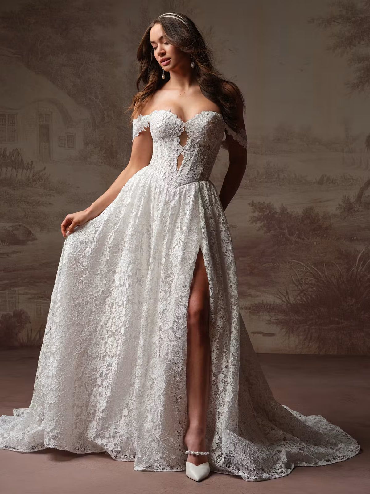 34834-Entrancing plunging neckline side slit allover lace bridal gown