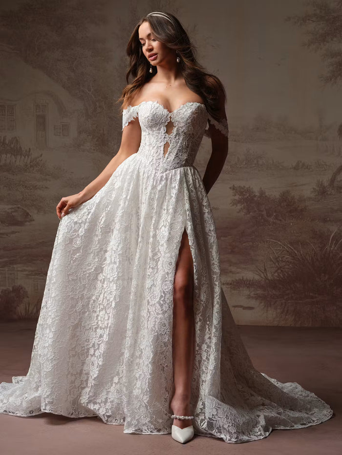 34834-Entrancing plunging neckline side slit allover lace bridal gown