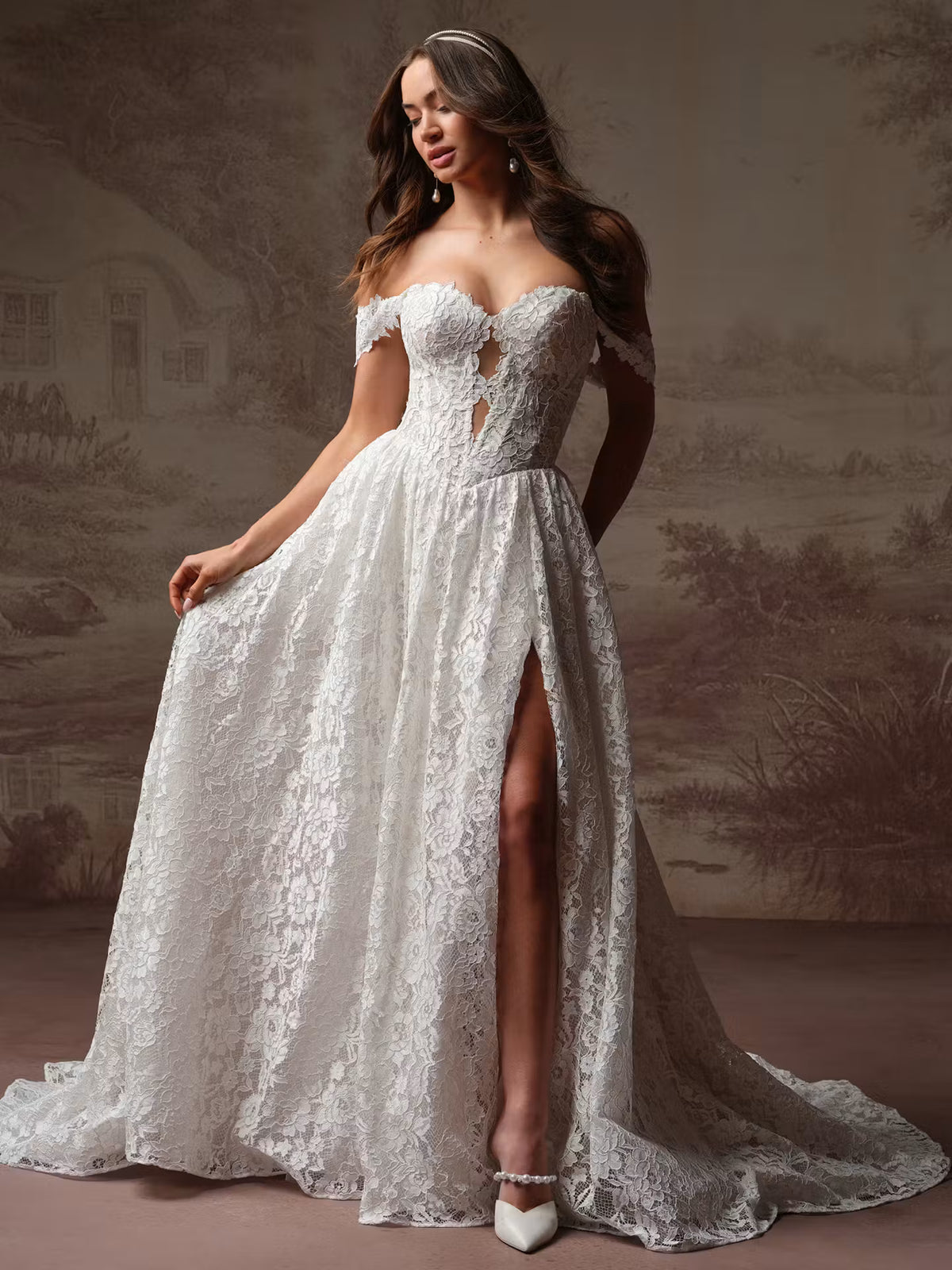 34834-Entrancing plunging neckline side slit allover lace bridal gown