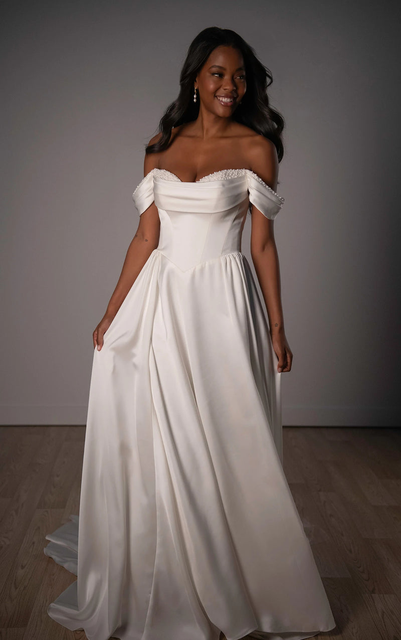 33635 - Satin A-Line Plus Size Wedding Dress with Pearl Sweetheart Neckline