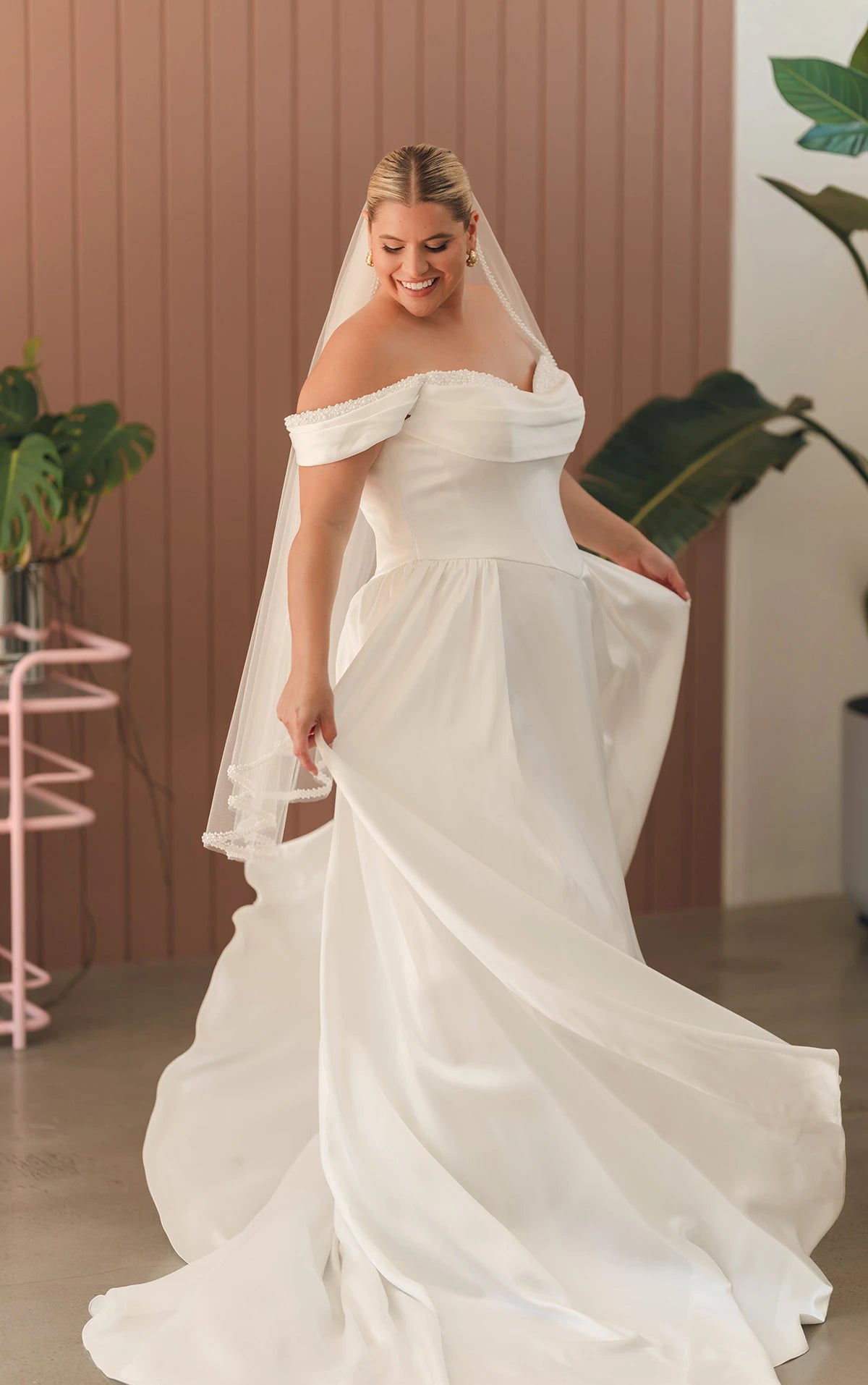 33635 - Satin A-Line Plus Size Wedding Dress with Pearl Sweetheart Neckline