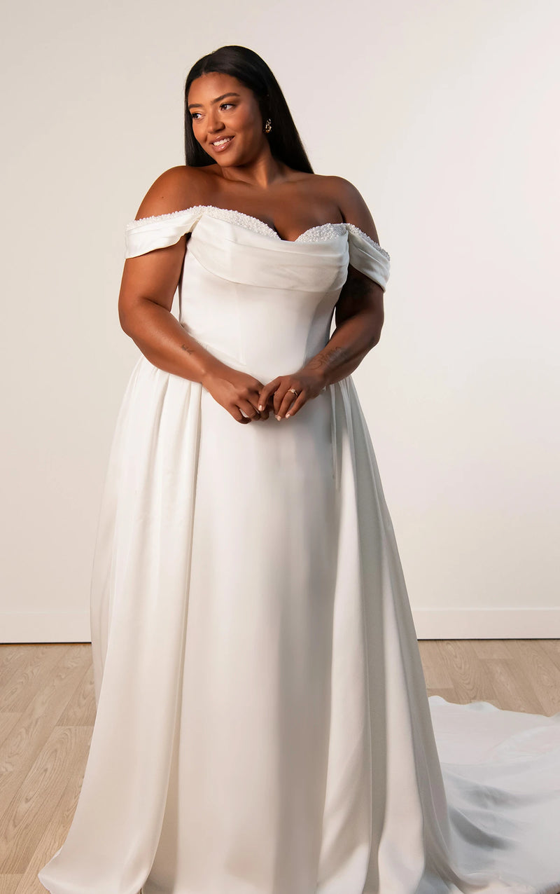33635 - Satin A-Line Plus Size Wedding Dress with Pearl Sweetheart Neckline