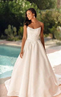 33631 - Strapless Grand Satin Ballgown Wedding Dress with Cat-Eye Neckline and Sculpted Pleats