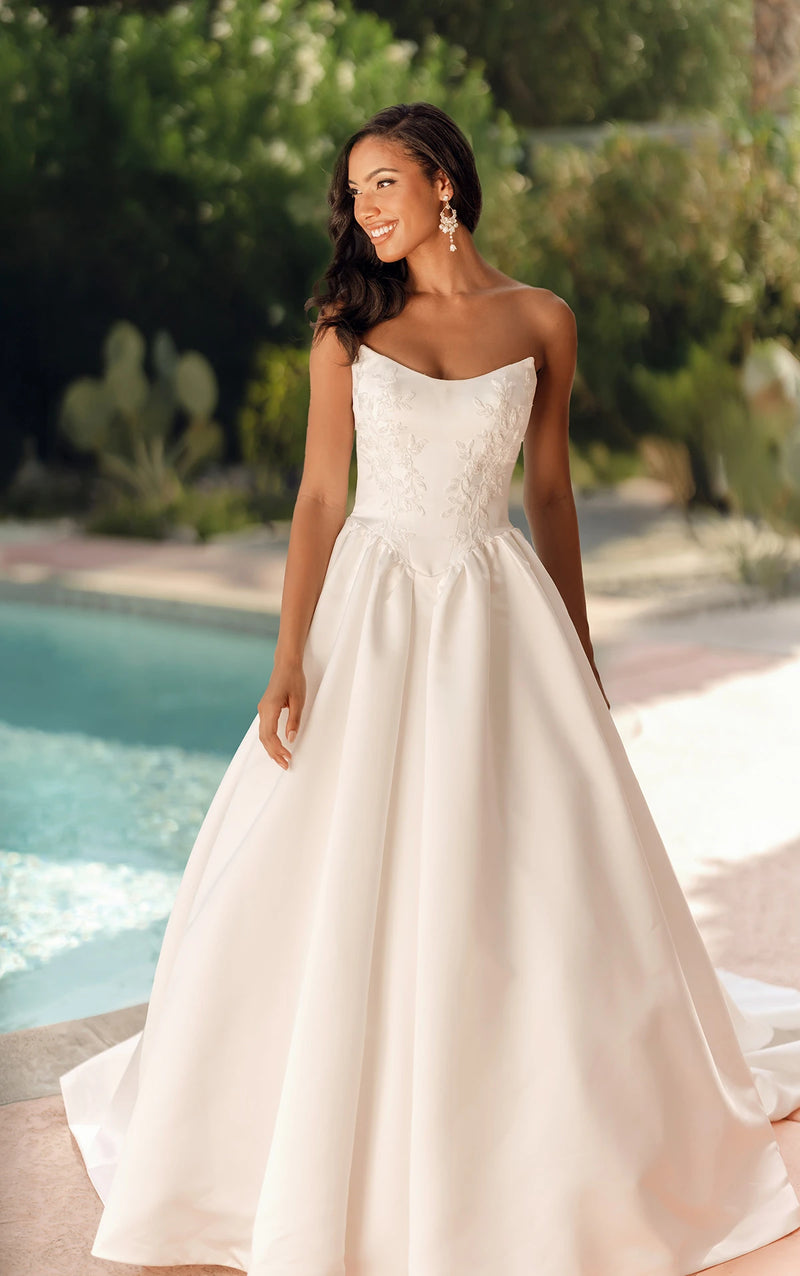 33631 - Strapless Grand Satin Ballgown Wedding Dress with Cat-Eye Neckline and Sculpted Pleats
