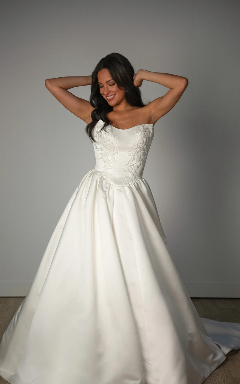 33631 - Strapless Grand Satin Ballgown Wedding Dress with Cat-Eye Neckline and Sculpted Pleats