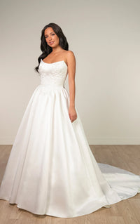33631 - Strapless Grand Satin Ballgown Wedding Dress with Cat-Eye Neckline and Sculpted Pleats