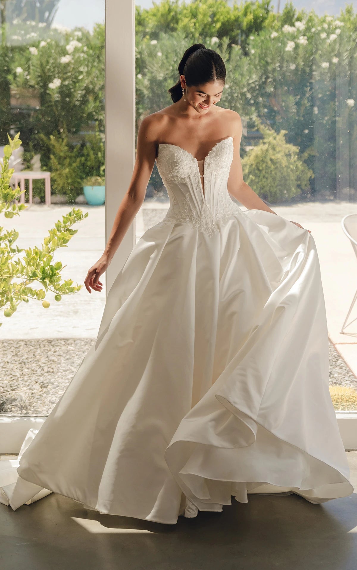 33629 - Strapless Satin A-Line Wedding Dress with Plunging Neckline and Beaded Lace