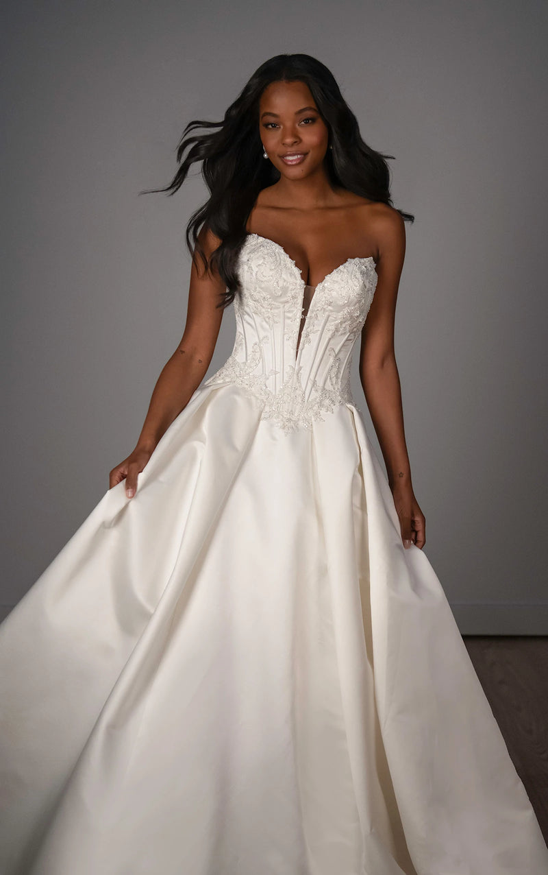 33629 - Strapless Satin A-Line Wedding Dress with Plunging Neckline and Beaded Lace
