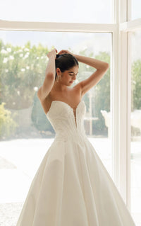 33629 - Strapless Satin A-Line Wedding Dress with Plunging Neckline and Beaded Lace