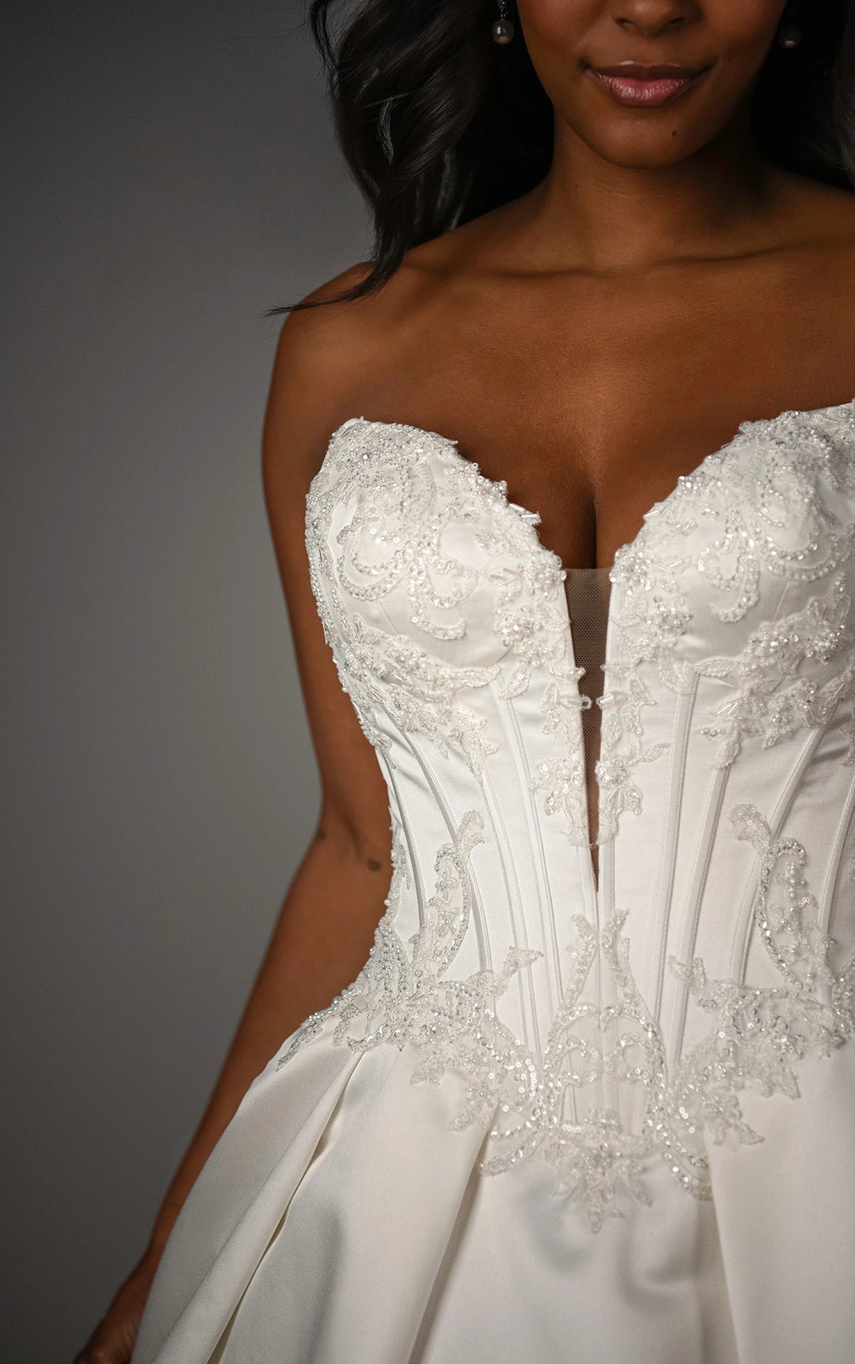 33629 - Strapless Satin A-Line Wedding Dress with Plunging Neckline and Beaded Lace