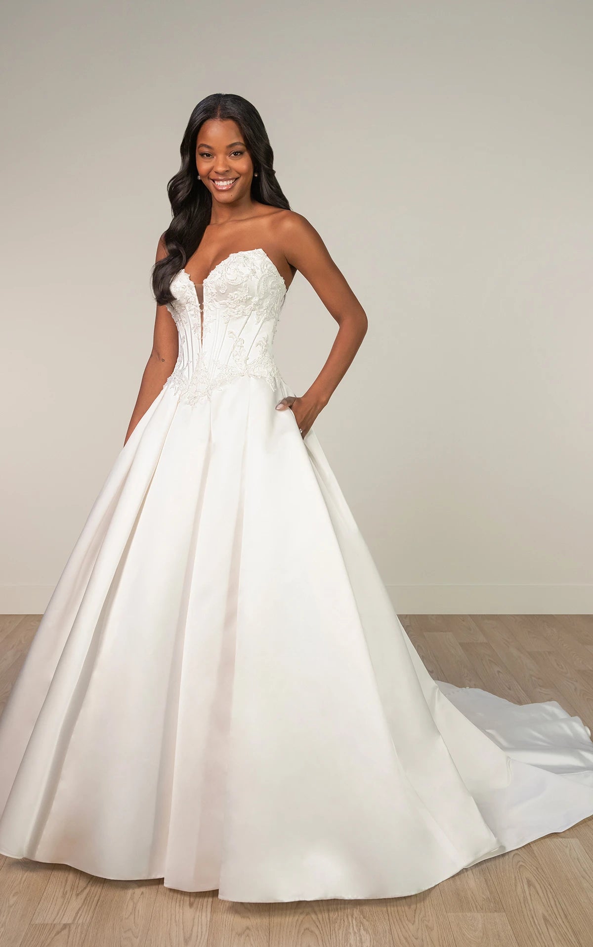 33629 - Strapless Satin A-Line Wedding Dress with Plunging Neckline and Beaded Lace