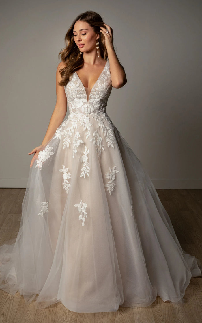 34824-V-Neckline Lace and Tulle A-Line Wedding Gown