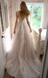 34824-V-Neckline Lace and Tulle A-Line Wedding Gown