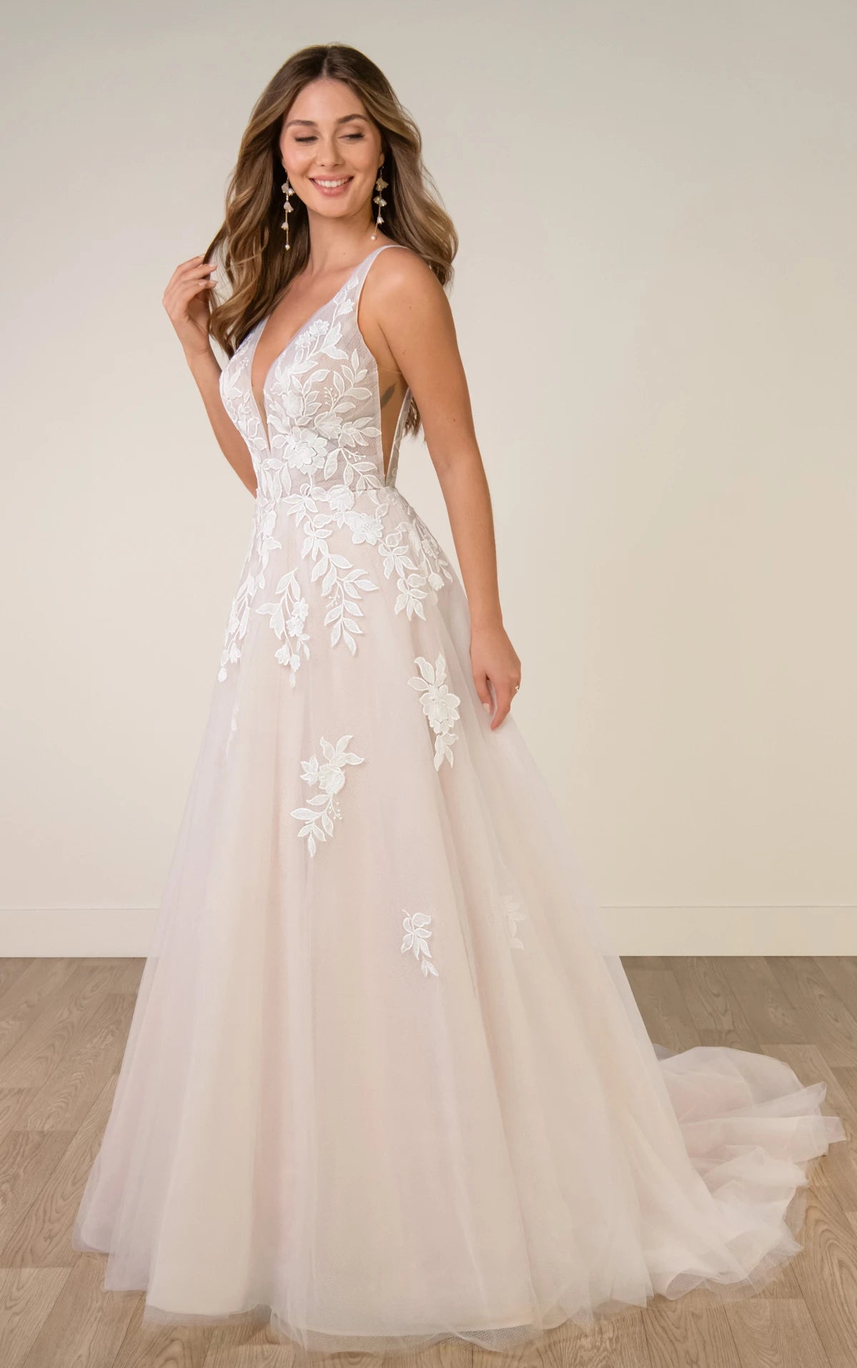 34824-V-Neckline Lace and Tulle A-Line Wedding Gown