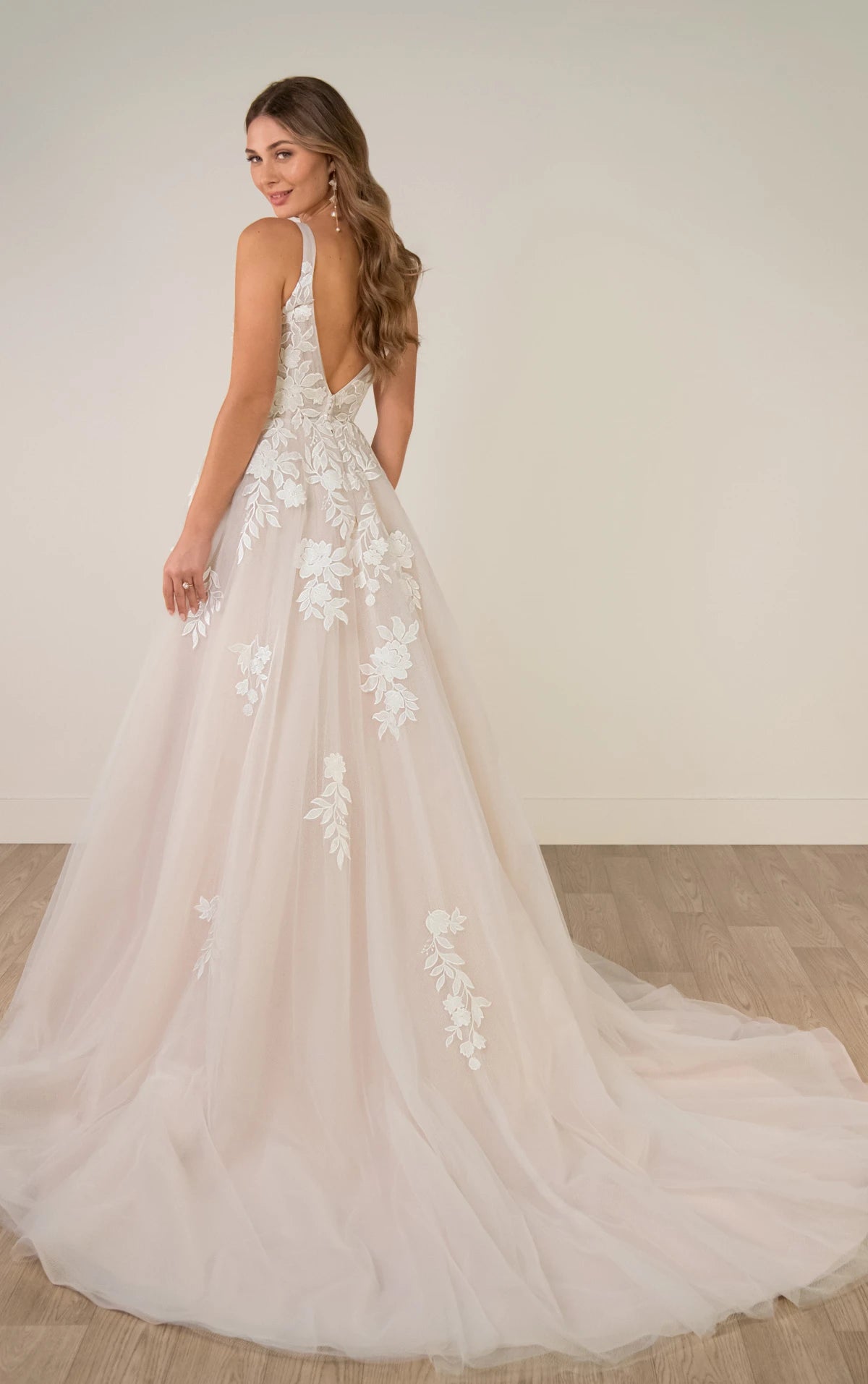 34824-V-Neckline Lace and Tulle A-Line Wedding Gown