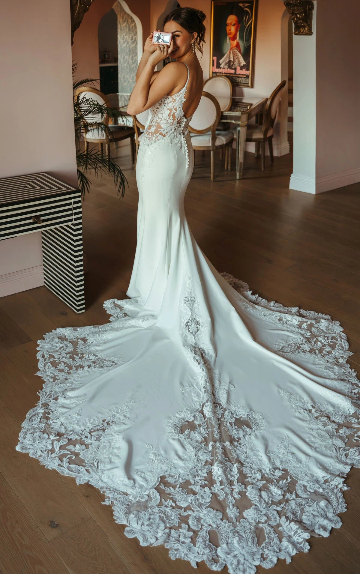 34569-Romantic Lace and Crepe Sheath Wedding Gown
