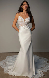 34569-Romantic Lace and Crepe Sheath Wedding Gown