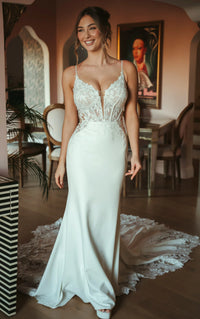 34569-Romantic Lace and Crepe Sheath Wedding Gown