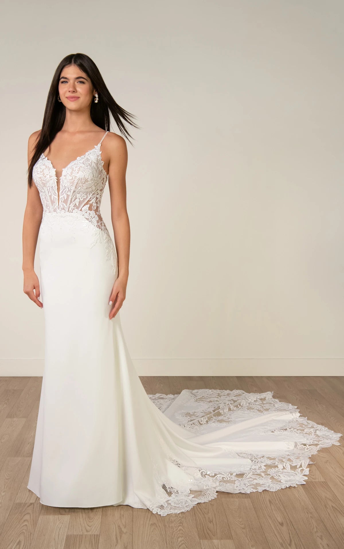 34569-Romantic Lace and Crepe Sheath Wedding Gown