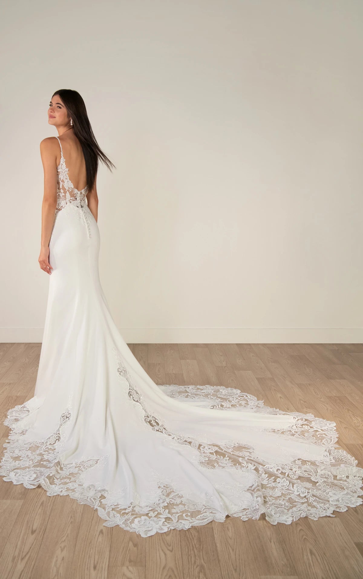 34569-Romantic Lace and Crepe Sheath Wedding Gown