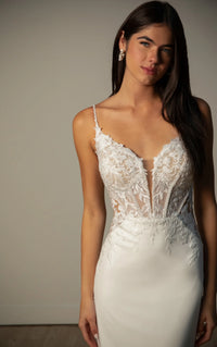 34569-Romantic Lace and Crepe Sheath Wedding Gown