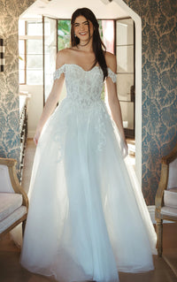 34570-Off-the-Shoulder Lace and Tulle A-Line Wedding Gown