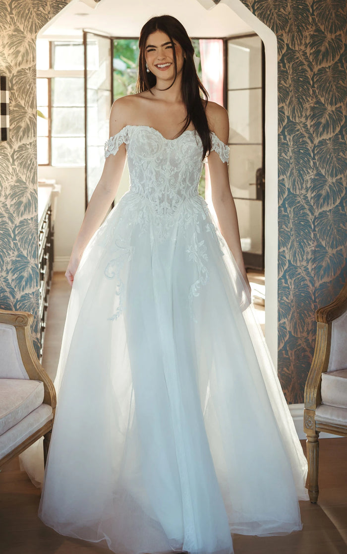 34570-Off-the-Shoulder Lace and Tulle A-Line Wedding Gown
