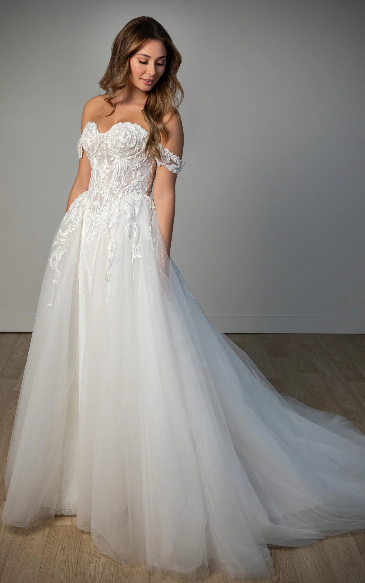 34570-Off-the-Shoulder Lace and Tulle A-Line Wedding Gown