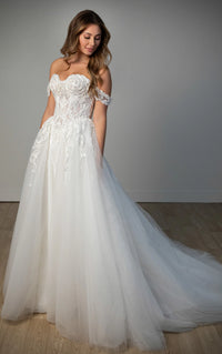 34570-Off-the-Shoulder Lace and Tulle A-Line Wedding Gown