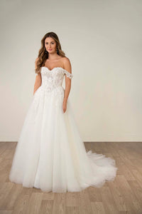 34570-Off-the-Shoulder Lace and Tulle A-Line Wedding Gown