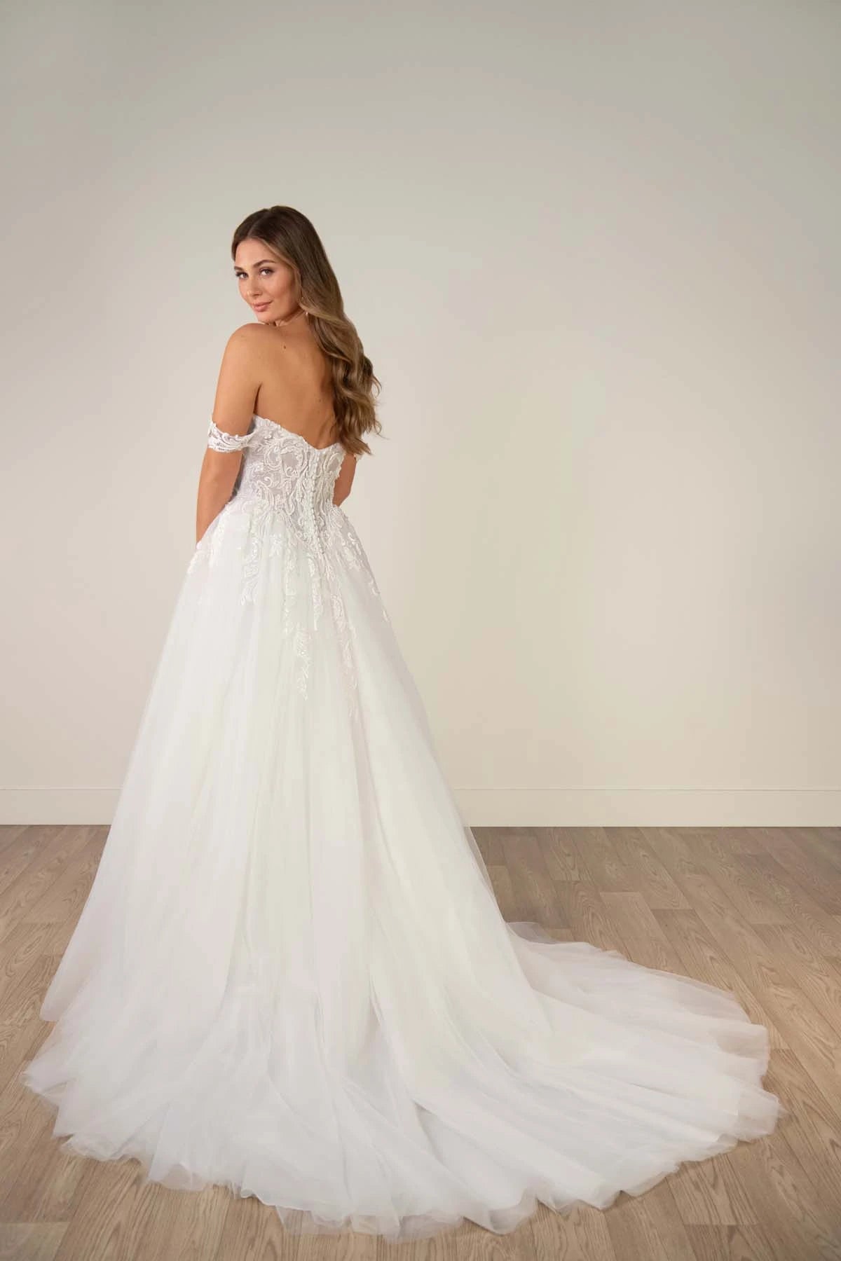 34570-Off-the-Shoulder Lace and Tulle A-Line Wedding Gown