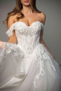 34570-Off-the-Shoulder Lace and Tulle A-Line Wedding Gown