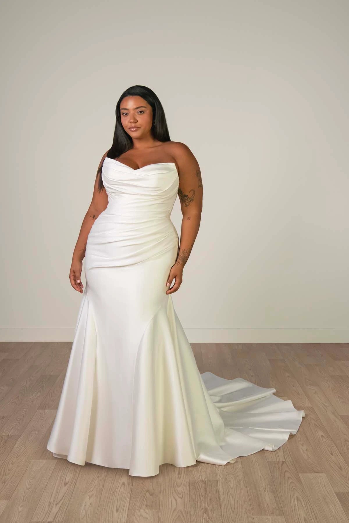 34571-Strapless Mikado Ruched Fit and Flare Wedding Dress