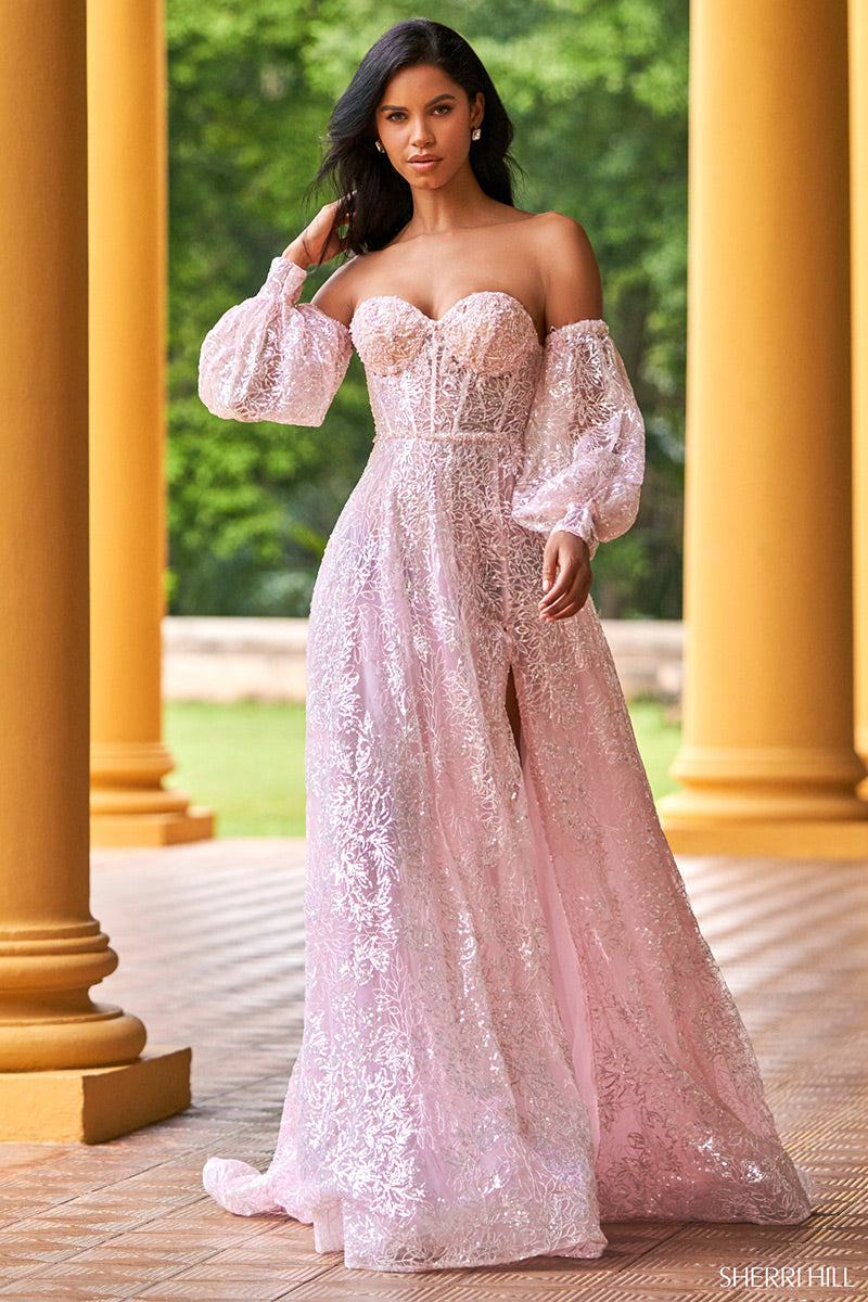Sherri Hill Dress 55017 Off-Shoulder Long A-Line Gown 00 / Blush