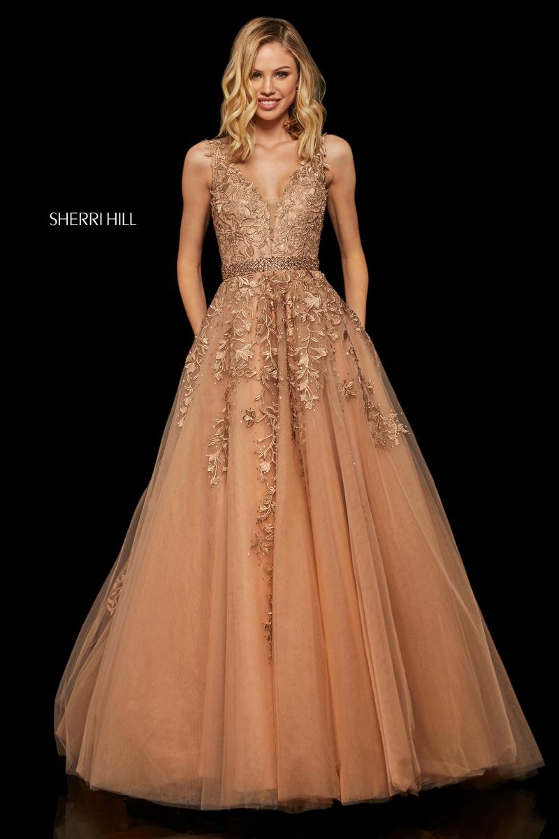 Sherri Hill Dress 11335 V-Neck A-Line Gown with Floral Appliqué