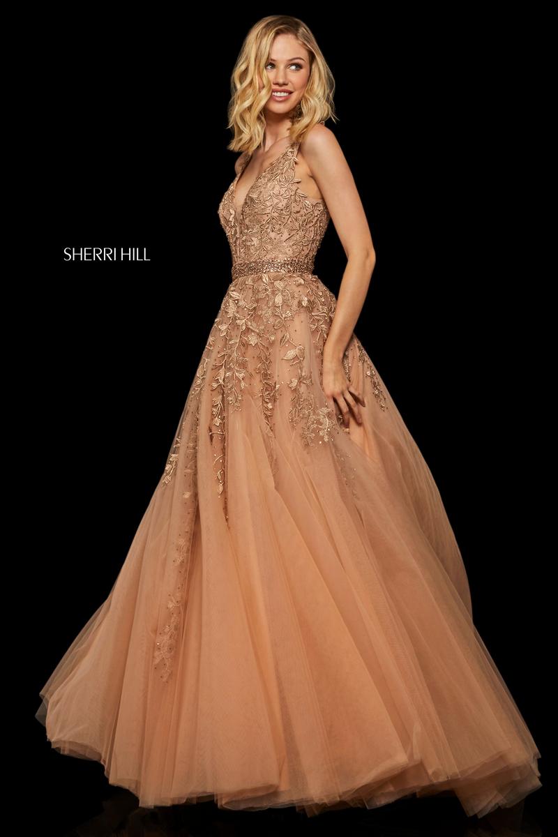 Sherri Hill Dress 11335 V-Neck A-Line Gown with Floral Appliqué