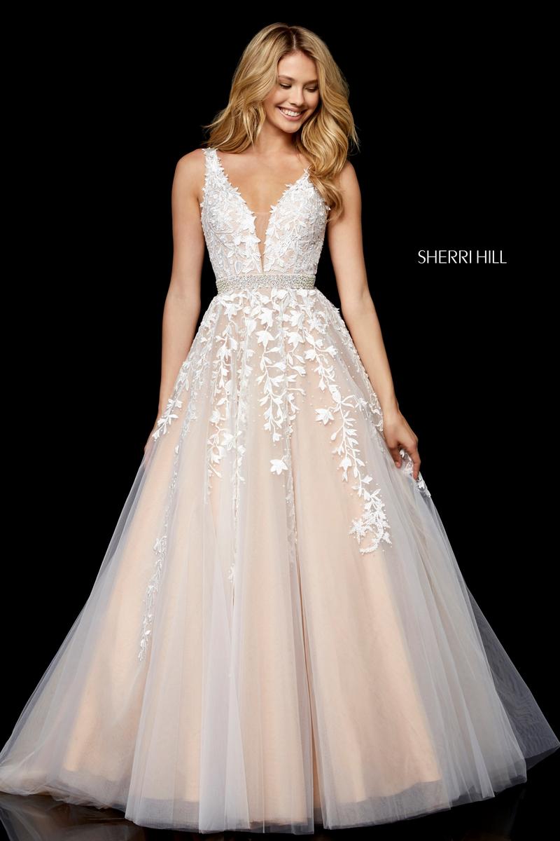Sherri Hill Dress 11335 V-Neck A-Line Gown with Floral Appliqué