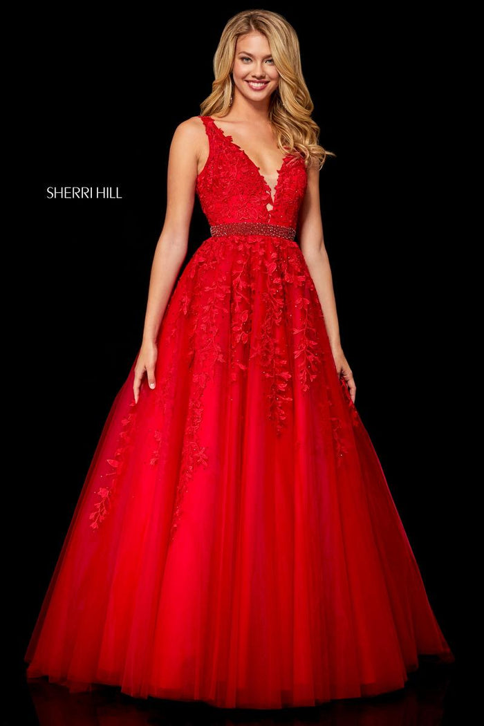 Sherri Hill Dress 11335 V-Neck A-Line Gown with Floral Appliqué