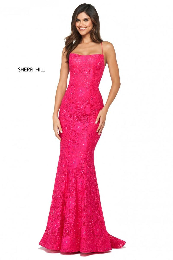 Sherri Hill Dress 53359 - Spaghetti Strap Fit and Flare Lace Gown