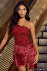 Sherri Hill Dress 55161 One-Shoulder Fringe Mini Dress