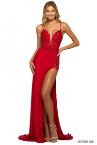 Sherri Hill Dress 55359 with Plunging Neckline and High Slit